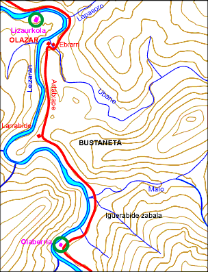Plano de la zona Olaberria - Olazar - Lizaurkola